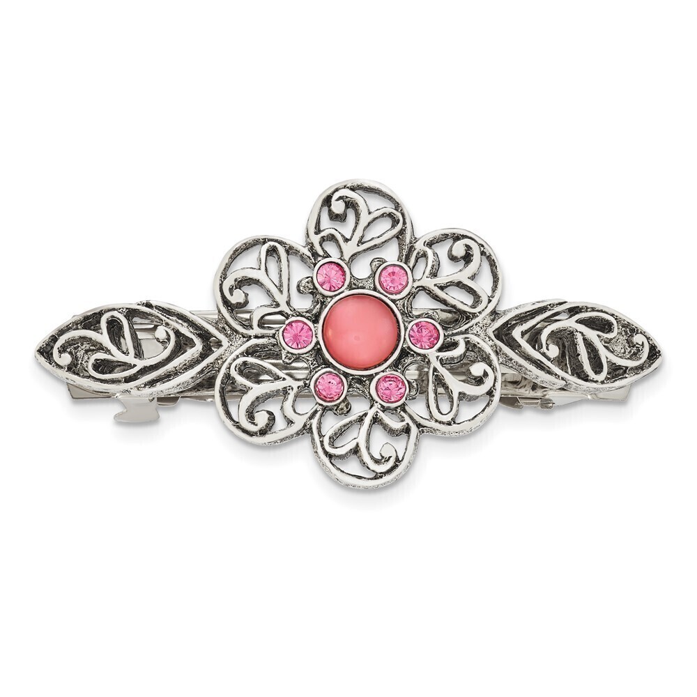 1928 Jewlery Filigree Pink Cabochon and Pink Crystal Flower Hair Barrette